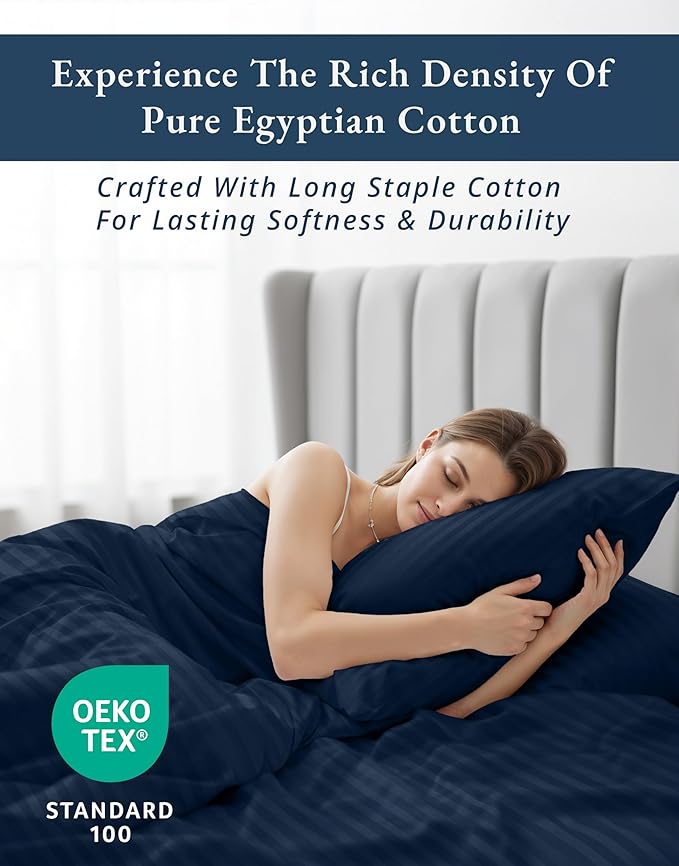 LANE LINEN 100% Egyptian Cotton Queen Sheet Set,15 inch Deep Pocket Fully Elasticized French Reinforced Pocket Seam for Soft, Comfy & Fresh Bed Eco Friendly Cooling Sheets Queen Damask Stripe - Navy