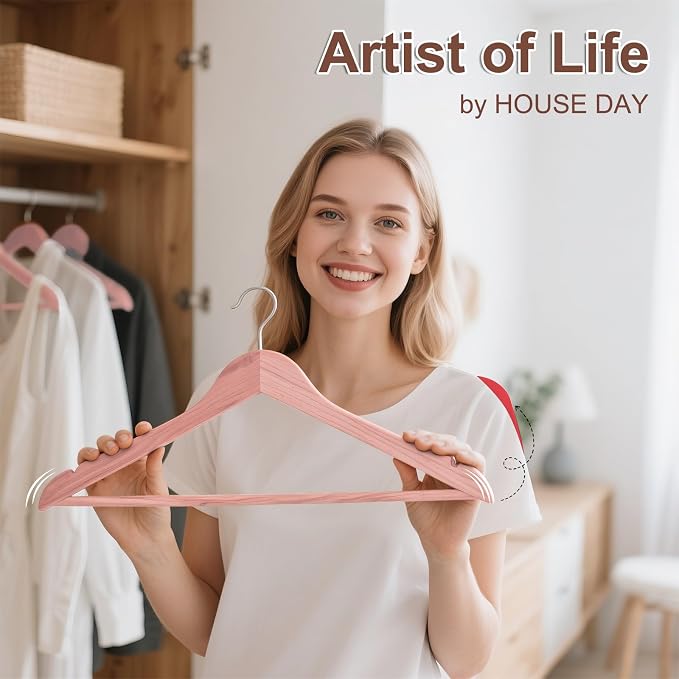 HOUSE DAY Cedar Hangers for Closet, Smooth Cedar Wood Hangers 10 Pack with Rings, 360° Swivel Hook, U-Shape Notched, Non Slip Pant Bar, Sturdy Wooden Clothes Hanger for Coats, Dresses, Suits - Image 2