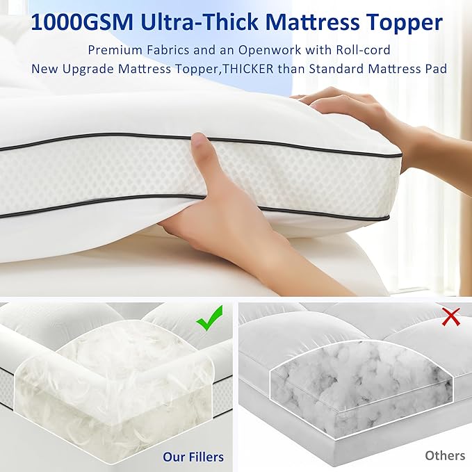 King Size Mattress Topper for Back Pain, Extra Thick Pillow Top Mattress Pad with 1000GSM Down Alternative Filler, Cooling Breathable Plush Bed Topper Protector Cover (8-21" Deep Pocket)