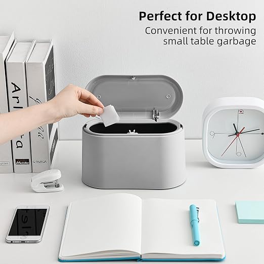 SUBEKYU 0.5 Gal Mini Countertop Trash Can with Lid for Desktop, Small Garbage Can for Office, Tiny Wastebasket, Plastic, Light Grey - Image 5