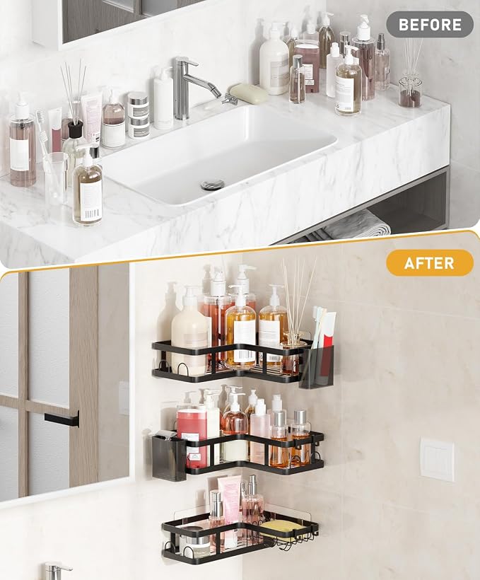 3 Pack Corner Shower Caddy Organizer, Rustproof Corner Shower Shelves, No Drilling Bathroom Corner Shelf with Hooks and Toothpaste Holder - Image 5