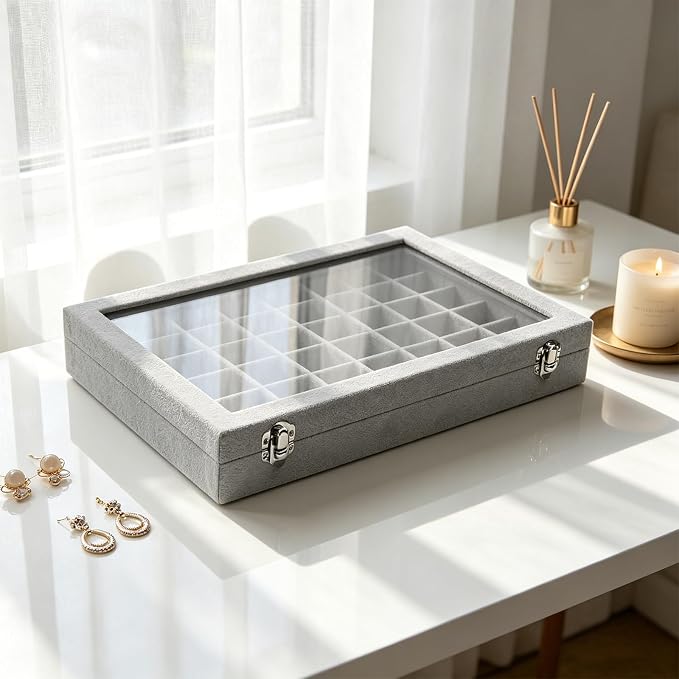 Stratalife Jewelry Organizer 48 Grid Jewelry Trays with Dust-proof Lid Velvet Earring Organizer Ring Holder Accessories Box Necklaces Earrings Storage for Women Drawers Gray - Image 3