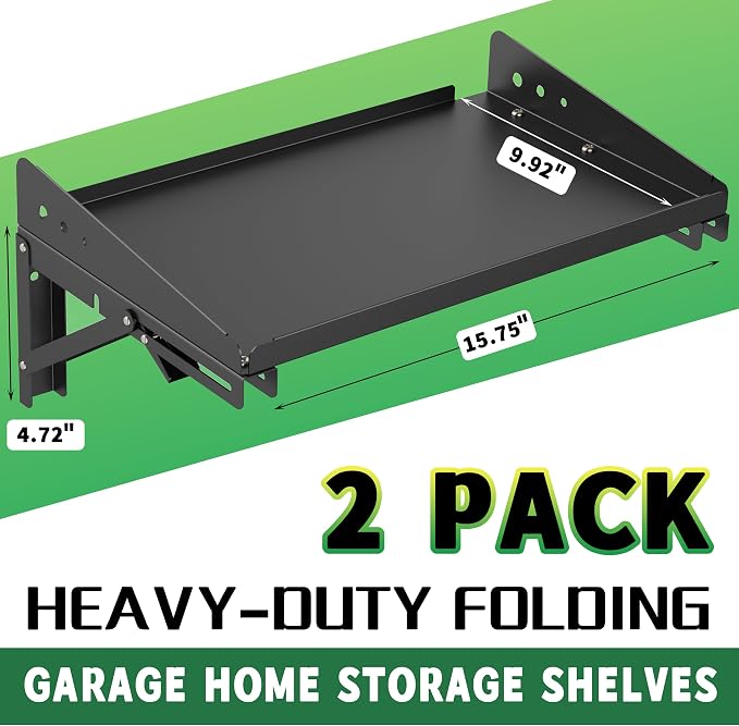 ULIBERMAGNET Garage Folding Storage Rack Shelves,200LB Metal Wall Mounted Adjustable Rail Shelf for Garage,Power Tools,Toolbox,Storage Shelves with Lip for Workshop Kitchen Office (2 Pack) - Image 2