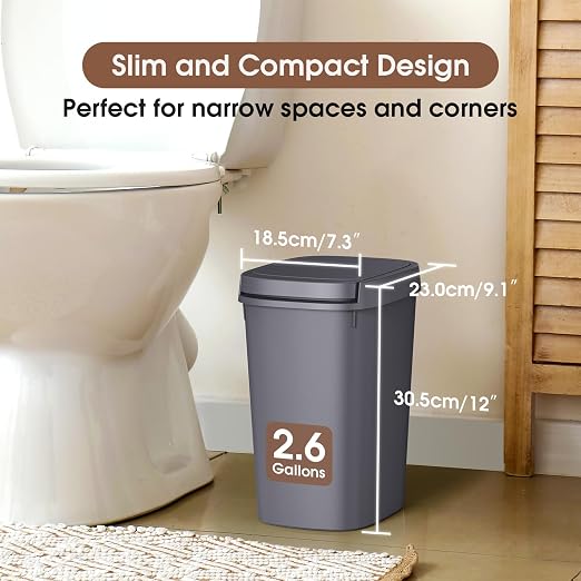 CEROELDA 3 Pack Bathroom Trash Can with Lid, 10L/2.6 Gal Small Garbage Can with Press Top Lid, Slim Plastic Waste Basket for Toilet, Office, Bedroom (Grey) - Image 3