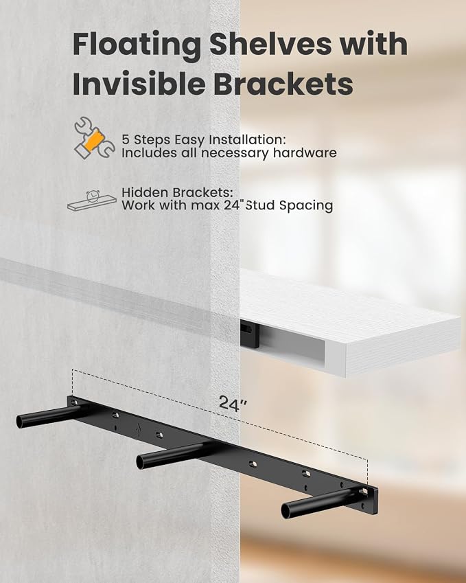 AMADA HOMEFURNISHING 47.2" L Floating Shelves, Wall Shelves Set of 3 for Bathroom/Living Room/Bedroom/Kitchen, White Floating Shelves for Wall Decor with Invisible Brackets - AMFS55W - Image 7