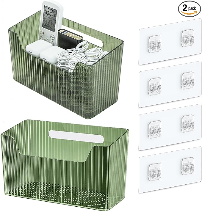 Set Of 2 Storage Organizer Bins Wall Mounted Shower Basket, Shower Caddy Stackable Clear Plastic Makeup Organizer Adhesive Hanging Bin for Bathroom, Kitchen, Cabinet, Pantry, BPA Free, Green by LaeNuvole