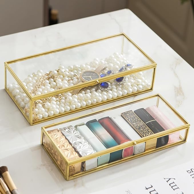 Glass Jewelry Box Set, 2pcs Vintage Rectangle Gold Keepsake Boxes Lipstick Organizer Box Vanity Lidded Box Home Decor Accent Decorative Box for Storage Trinket Rings Bracelet1 by Kendiis