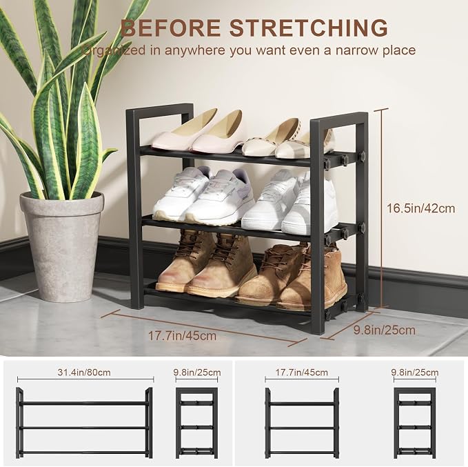 3-Tier Expandable Shoe Rack, Adjustable Shoe Shelf Storage Organizer Heavy Duty Metal Free Standing Shoe Rack for Entryway Closet Doorway (Black) - Image 2