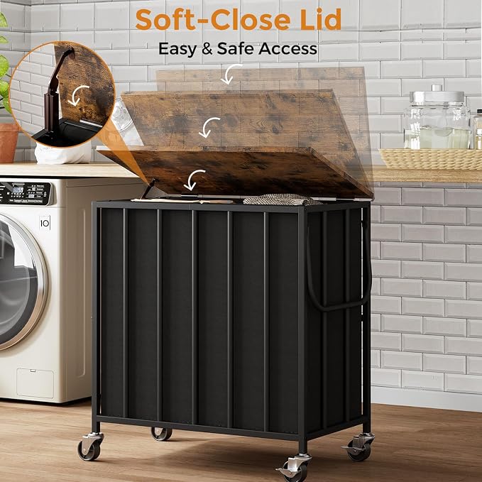 120L Laundry Hamper with Wheels and Lid, Rolling Laundry Basket with Dual Removable Liners, Soft-Close Flip-Top Wooden Lid, Metal Handles, Clothes Organizer for Bedroom and Laundry Room - Image 2
