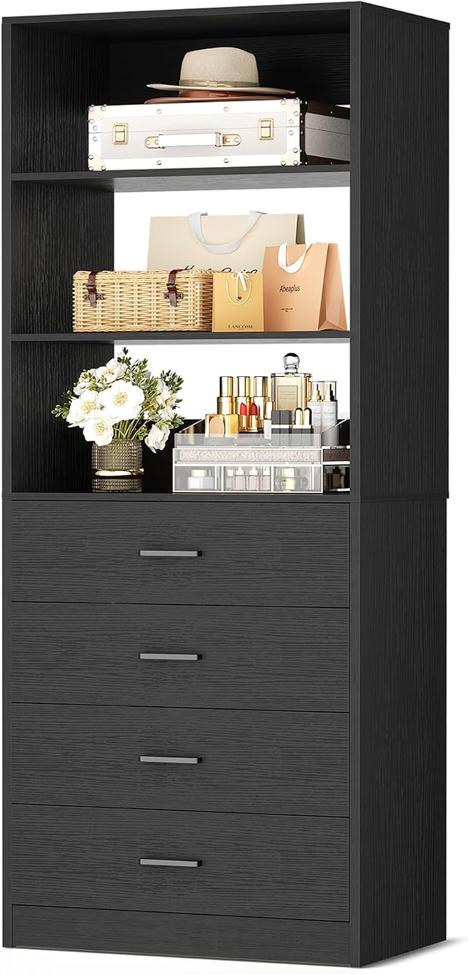 Aheaplus Closet Drawers System, 21.3" Wood Closet Organizer System with 4 Drawers, Modular Walk-in Closet System Storage Unit, Small Closets Wardrobe Rack, Tall Storage Cabinet Unit, Black by Aheaplus
