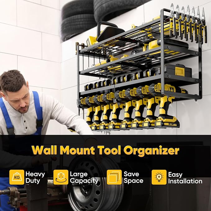 POKIPO Large Power Tool Organizer Wall Mount,4 Layers Heavy Duty Metal Loads 400lbs,Power Tool Shelf Battery Storage with 8 Cordless Drill Holder,Utility Racks for Garage Workshop - Image 2