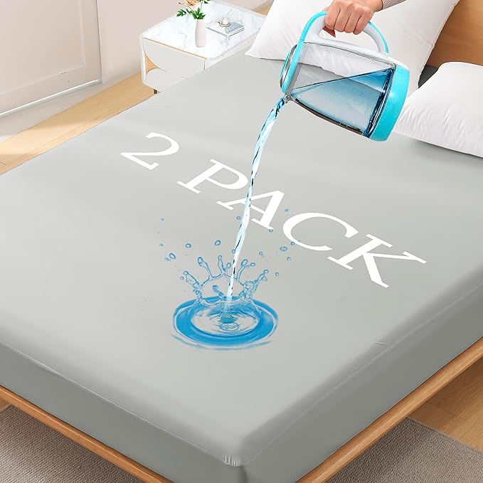 2 Pack Full Premium Waterproof Mattress Protector, Soft Breathable Mattress Pad, Noiseless Waterproof Bed Cover - Stretch to 21" Fitted Deep Pocket Mattress Protection Cover - Light Grey