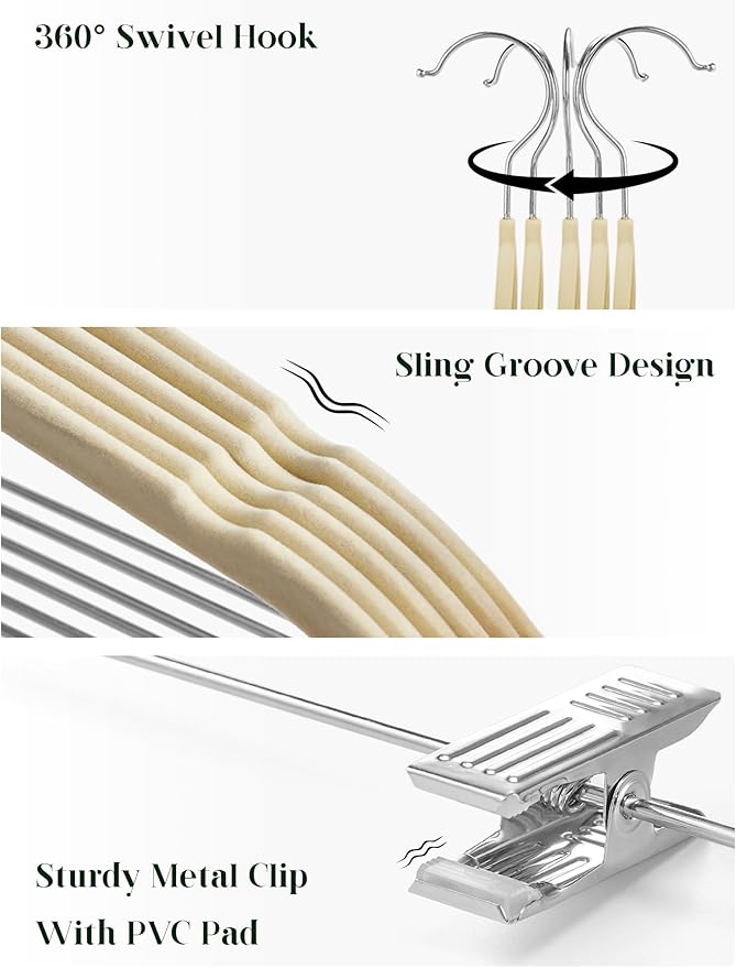 Cozymood Velvet Skirt Hangers 36 Packs Ultra Thin Hangers with Clips Non Slip Velvet Pant Hanger Space Saving Clothes Hanger with Clips for Pants, Skirts, Jeans, Shorts (Beige) - Image 3