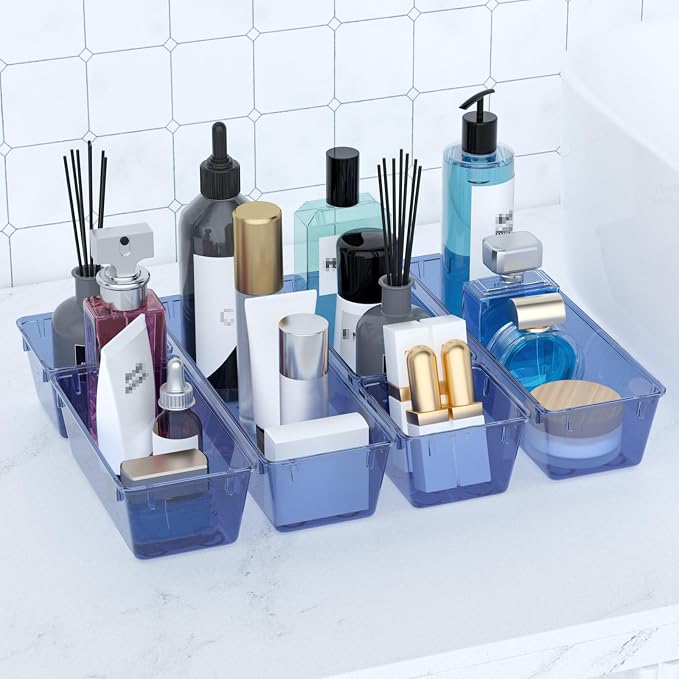 WOWBOX 9 Pack Clear Drawer Organizer Set, Acrylic Drawer Storage Trays, Storage Bins for Makeup, Cosmetics, Jewelries, Utensils, Gadgets, Office, Dark Blue - Image 6