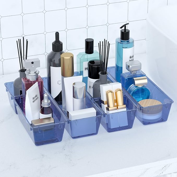 WOWBOX 12 Pack Clear Drawer Organizer Set, Acrylic Drawer Storage Trays, Storage Bins for Makeup, Cosmetics, Jewelries, Utensils, Gadgets, Office, Dark Blue - Image 6