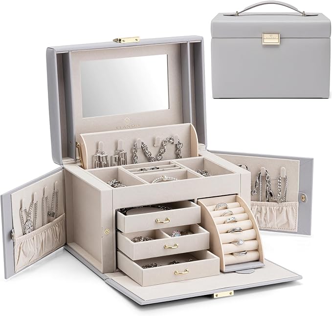 Vlando Mirrored Jewelry Box Organizer, Leather Jewelry Storage Case, Necklaces Earrings Rings Brackets Box Holder, Light Gray by VLANDO
