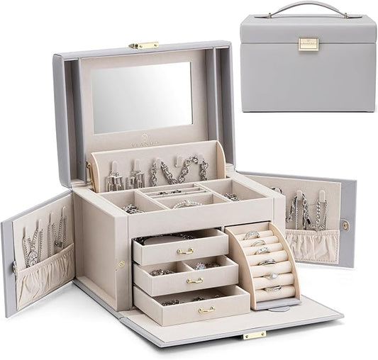 Vlando Mirrored Jewelry Box Organizer, Leather Jewelry Storage Case, Necklaces Earrings Rings Brackets Box Holder, Light Gray by VLANDO