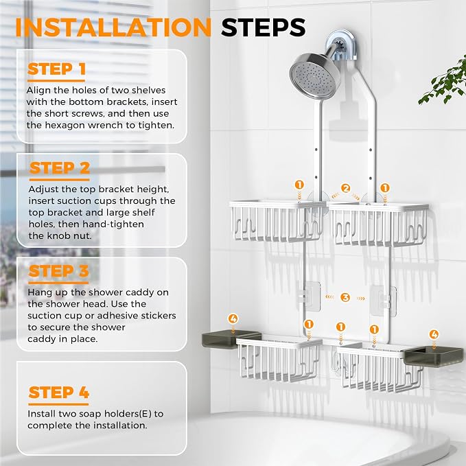 REINHARDT Aluminum Shower Caddy Hanging Adjustable Shower Caddy, Rustproof Hanging Shower Organizer with Hooks Soap Holders, Over Shower Head Caddy for Handheld Showerhead, White - Image 8