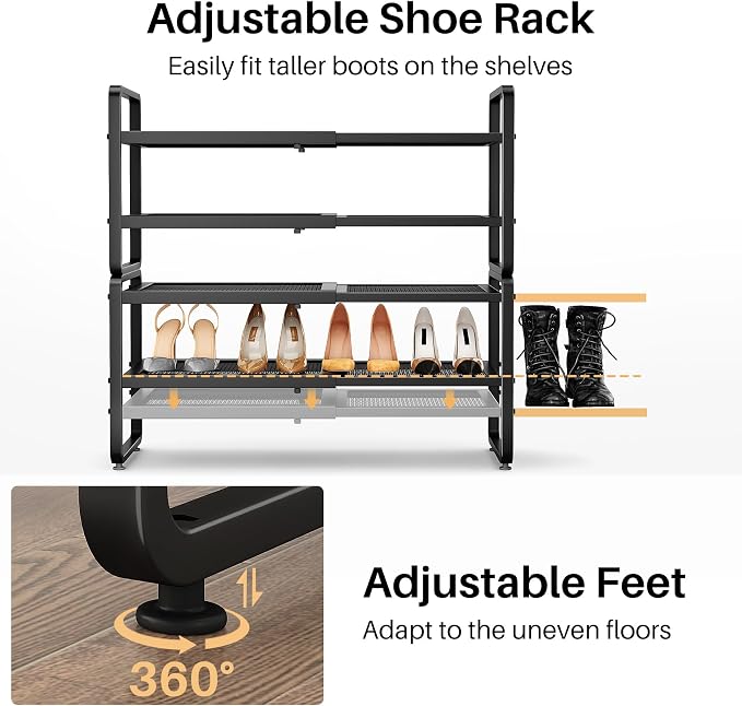 SNTD Shoe Rack - Expandable Shoe Organizer for Closet, Adjustable Metal Shoe Shelf Storage, Stackable Long Shoe Stand Holder for Garage, Entryway, Door Entrance (Black, 4-Tier) - Image 7