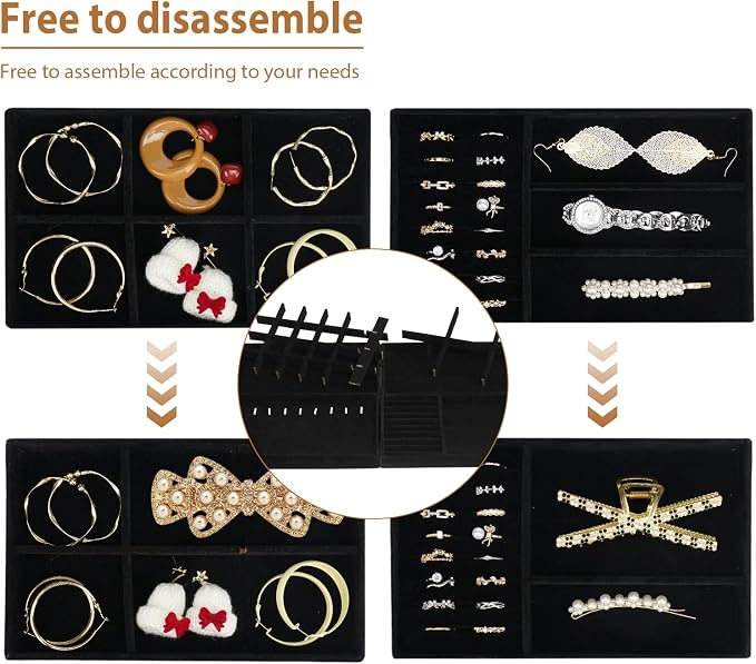 Cirhy 4 Stackable Jewelry Trays Organizer Set for Drawer, Jewelry Organizers and Display Case Storage, Velvet Drawer Inserts Organizer for Necklace Bracelets Earrings Organizer, Gift For Her, Black - Image 2