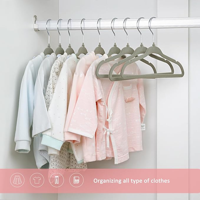 ManGotree 11" Baby Velvet Hangers, Non-Slip Infant Coat Hangers, Ultra-Thin Toddler Felt Hanger with 360° Swivel Hook, Space Saving Children's Hanger for Kids Clothes, 48 Pack (Grey) - Image 2