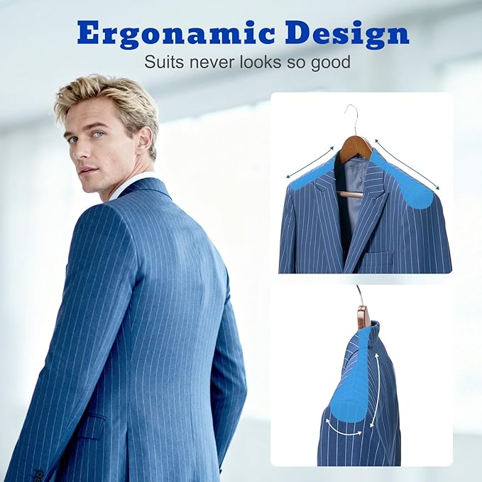 HOUSE DAY Wide Shoulder Wooden Hangers, Suit Hangers with Non Slip Pants Bar, Smooth Finish 360° Swivel Hook Solid Wood Coat Hangers for Dress, Jacket, Pants, Heavy Clothes Hangers 6 Pack (Walnut) - Image 2