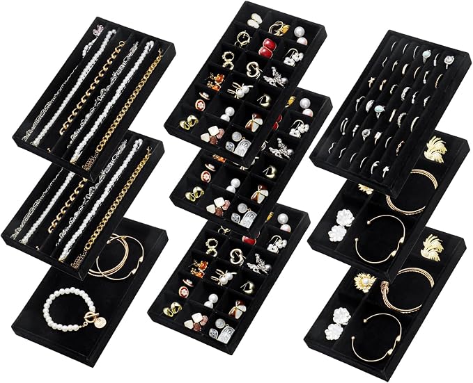 SPAKOWN Jewelry Drawer Organizer Inserts Set of 9, Jewelry Trays for Drawers Velvet Jewelry Organizer Tray Drawer Jewelry Organizers and Storage for Earring Ring Necklace Watch Bracelet (Black) by SPAKOWN