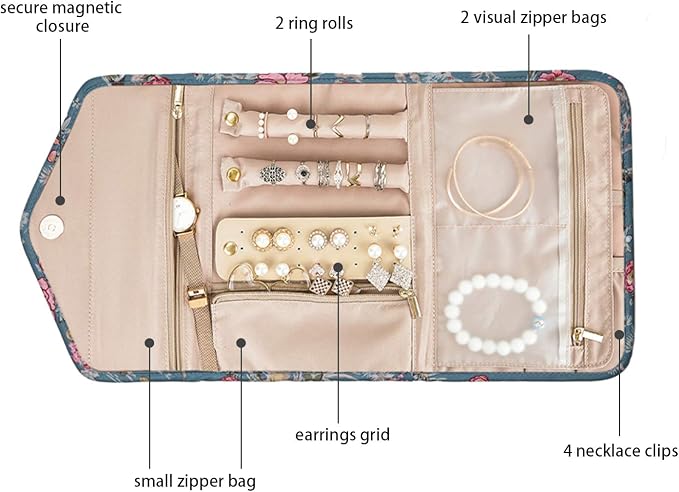 BAGSMART Travel Jewellery Organiser Roll Foldable Jewelry Case for Journey-Rings, Necklaces, Bracelets, Earrings, Flower Bird - Image 3