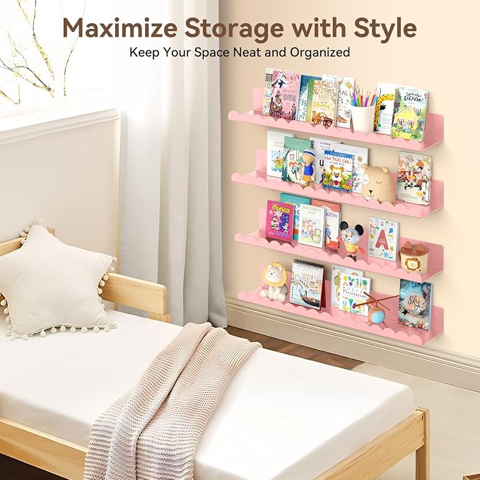 Floating Shelves for Wall, 23 Inch Metal Nursery Book Shelves 4 Pack, Wall Mounted Book Shelf for Kids Room, Bedroom, Bathroom, Playroom Decor (Pink) - Image 6