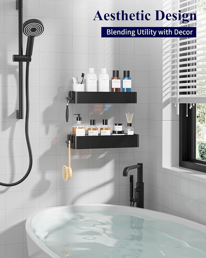 Kitsure Shower Caddy - 2 Pack Adhesive Shower Organizer, Rustproof Metal Shelves, No-Drill Bathroom Organizers and Storage, Black, XX-Large - Image 5