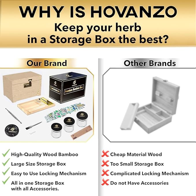 HOVANZO Premium Large Bamboo Storage Box with Removable Tray - Storage Wood Box for Herbs and Accessories - Storage Box Set with Combination Lock - Smell Proof Container with Accessories - Image 3