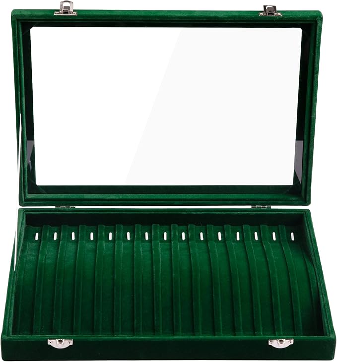Frebeauty 15 Hooks Necklace Tray Velvet Neckalce Organizer with Clear Lid Lockable Necklace Holder Box Jewelry Organizer for Pendants Chains Necklace Jeweley Tray for Women Girl (Blackish Green) - Image 4