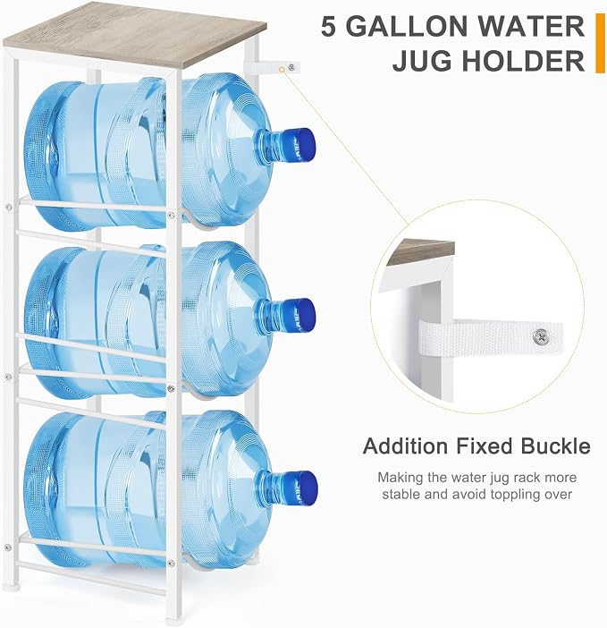 5 Gallon Water Bottle Holder Storage Rack, Water Cooler Jug Holder with Storage Shelves, 3-Tier Water Dispenser Stand for Kitchen Living Room Office, Rustic Grey - Image 4