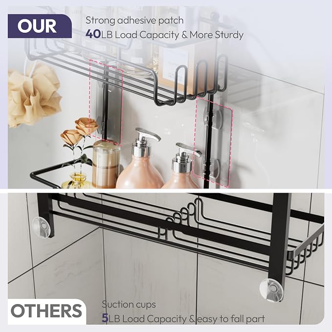 SWTYMIKI Bathroom Shower Caddy Hanging - 3 Tier Rustproof Over Shower Head Organizer, No Drilling Bathroom Shelf with 16 Hooks & Soap Holder, Anti-Swing Rack for Shampoo,Sponge,Towel, Black, Medium - Image 7