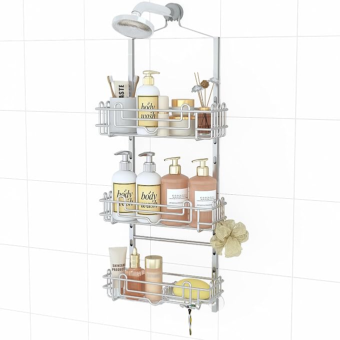 SWTYMIKI Shower Caddy Hanging Organizer - 3-Tier Rustproof Shower Organizer Over Showerhead with Adjustable Baskets, 24 Hooks, Soap & Razor Holder - No Drill Large Bathroom Storage Rack, Silver by SwtyMiki-TidyHomeSweetLife