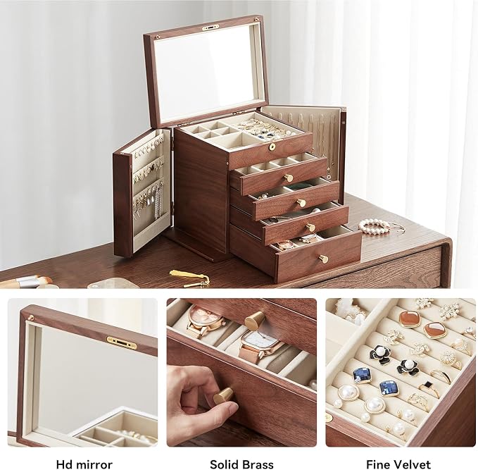 CHOSIN Black Walnut Wooden Jewelry Box for Women with Mirror, 5 Drawers and 2 Side Doors for Watches, Necklaces, Rings, Earrings Storage, Mothers Day Gifts for Mom - Image 3