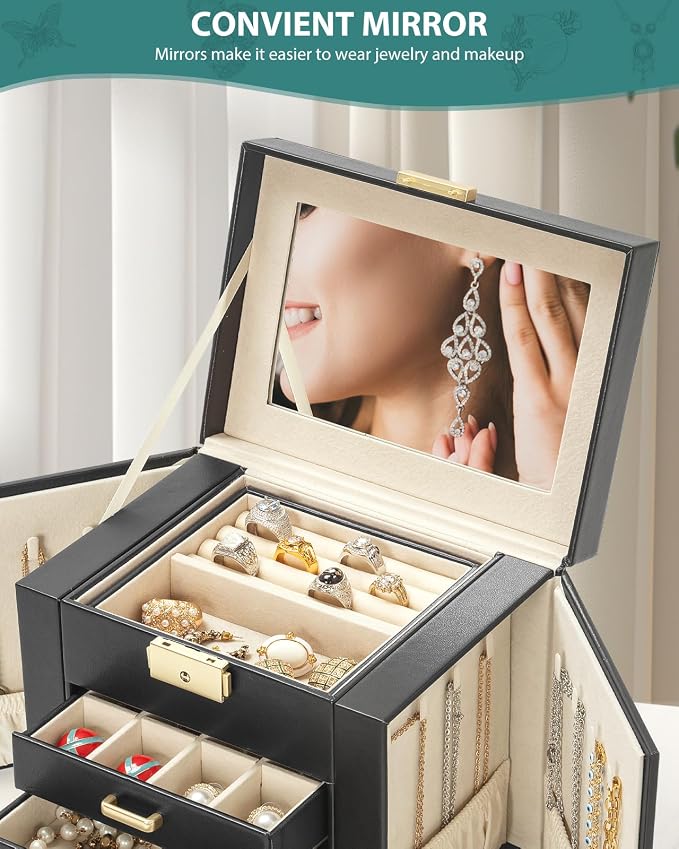 AKOZLIN 4-Tier Jewelry Box Leather Jewelry Storage Organizer with 3 Drawers Lockable for Women Girls Ring Necklace Earring Bracelet Holder with Mirror Black - Image 7