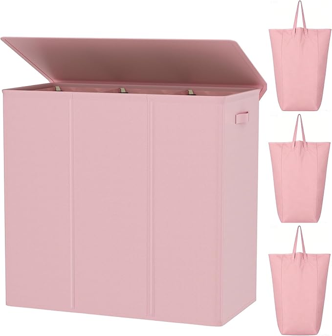 WOWLIVE 180L Laundry Hamper with Lid 3 Section,Large Laundry Basket with Removable Bags and Handles,Collapsible Dirty Clothes Hampers for Laundry,Laundry Basket Organizer for Laundry Room,Dorm,Pink by WOWLIVE
