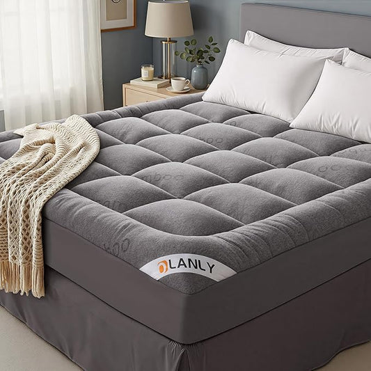 OLANLY King Mattress Topper – Viscose Made from Bamboo, Cooling Soft King Pillow Top Mattress Pad for Back Pain Relief, Plush Down Alternative Fill Bed Topper with Elastic Deep Pocket, Light Gray