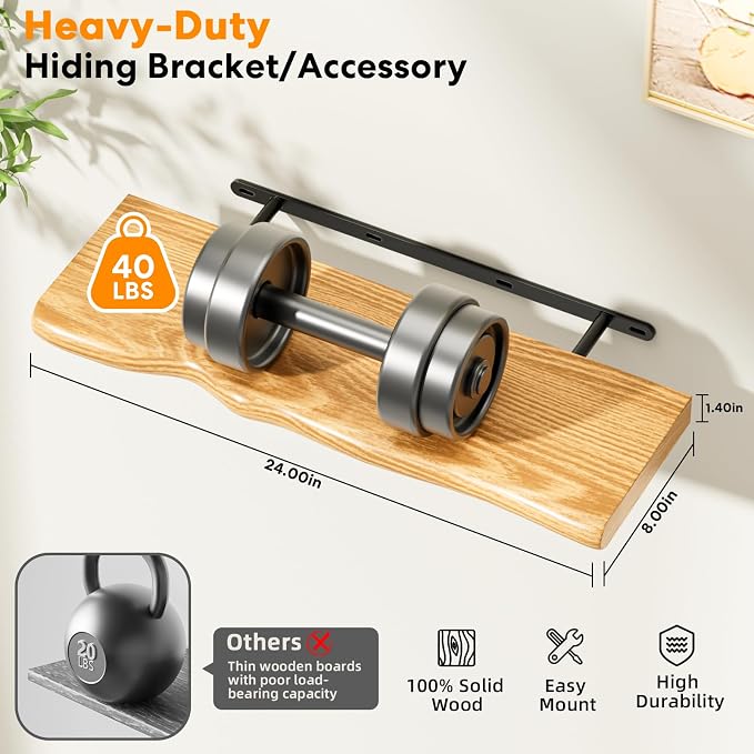 Floating Shelves for Wall 24 Inch Wooden Floating Shelves Live Edge Shelf with Unique Natural Grain Wall Mounted Rustic Pine Wood Shelf for Living Room Bedroom Kitchen Bathroom (Natural) - Image 3