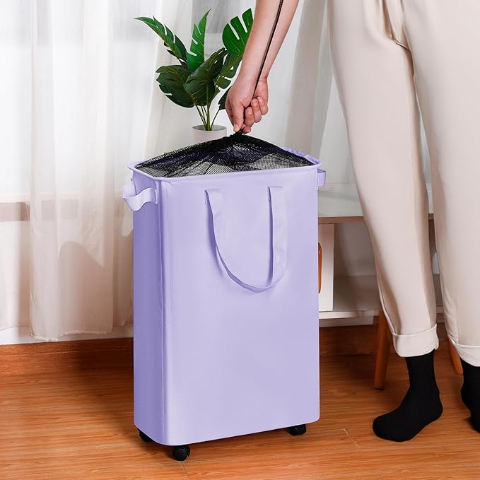 efluky Slim Laundry Hamper with Wheels, Rolling Laundry Basket for Clothes, Small Laundry Basket for Bedroom, Dorm and Laundry Room, 60L (12.7 Gallons) Purple - Image 5