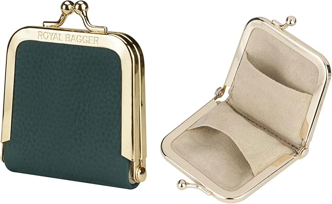 Royal Bagger Genuine Cow Leather Ultra-Slim Mini Jewelry Box, Ring & Necklace Storage, Slim Coin Purse with Kiss Lock for Women 3120 (Dark Green) by ROYALBAGGER