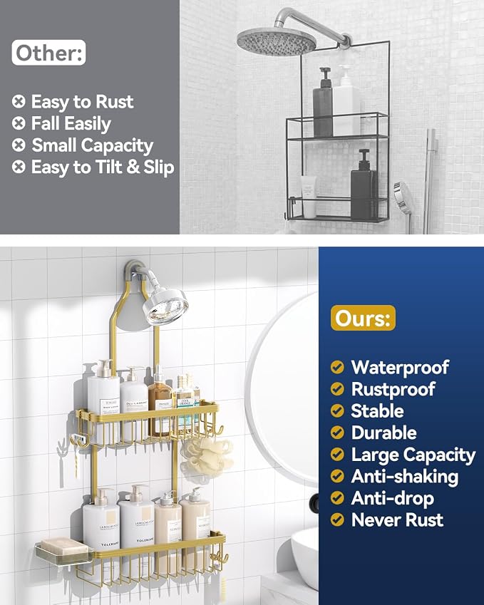 YASONIC Shower Caddy Hanging, Never Rust Shower Organizer Hanging, Aluminum Shower Racks for Inside Shower with Hooks for Razor, Bathroom Organizers and Storage with Soap Holder, Gold - Image 9
