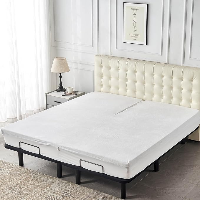 Kingnex Waterproof Partial Split Top King Mattress Protector for Adjustable Bed with Upper Flex 32-34" from Head Soft Noiseless Bamboo Viscose Terry Fitted Mattress Cover