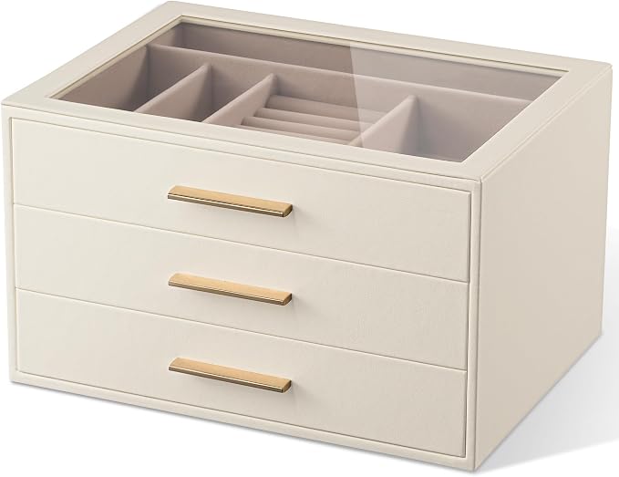 pickpiff Jewelry Box Organizer Case for Women: 3-Layer Jewelry Storage Case with Glass Window, Ivory Leather with Pink Velvet, Holder for Ring Necklace Bracelet Brooch Watch, Great Gift for Her by pickpiff