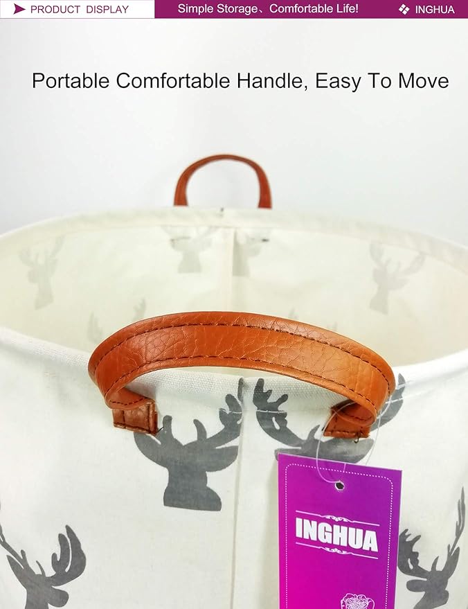 Laundry Hamper Large Canvas Fabric Lightweight Storage Basket/Toy Organizer/Dirty Clothes Collapsible Waterproof for College Dorms, Boys and Girls Bedroom,Bathroom(grey deer) - Image 5