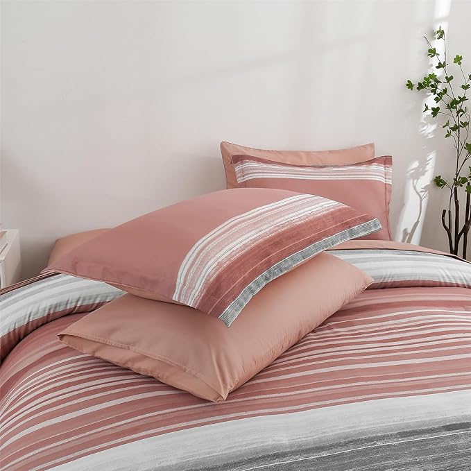 KAKIJUMN 7 Piece Bed in a Bag Stripe Comforter Set King Size, White Grey Blush Pink Patchwork Striped Comforter and Sheet Set, All Season Soft Microfiber Complete Bedding Sets(Pink,King)