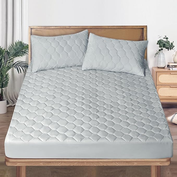Bedding Quilted Fitted Mattress Cover, Elastic Fitted Mattress Protector, Mattress Pad Stretches up to 12 Inches Deep, Machine Washable Mattress Topper (Gray, King)