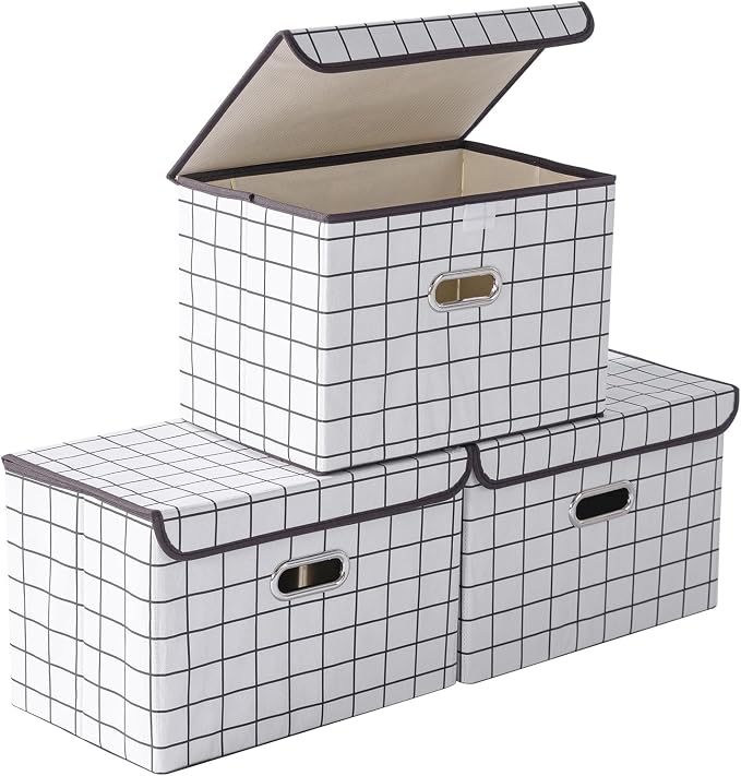 STOREONE Fabric Storage Cube Bins Foldable Organizer Container Collapsible Basket with Lids and Metal Handles, for Home, Bedroom, Closet 3 Pcs (White grid) by STOREONE