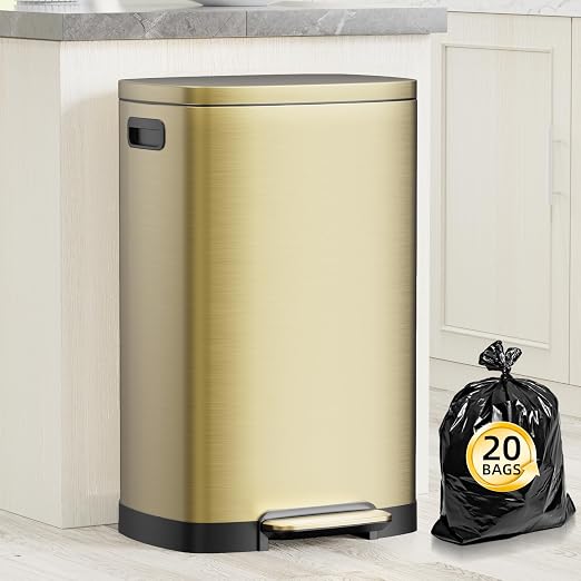 KdbK 13 Gallon Trash Can with Lid, 50L Fingerprint Proof Stainless Steel Kitchen Trash Can with Removable Inner Bucket and Lid Soft Close, Pedal Rubbish Bin for Home Office, Gold by trashcan
